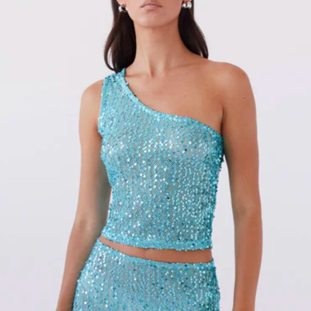Peppermayo - Neon Nights Sequin One Shoulder Top - Crystal